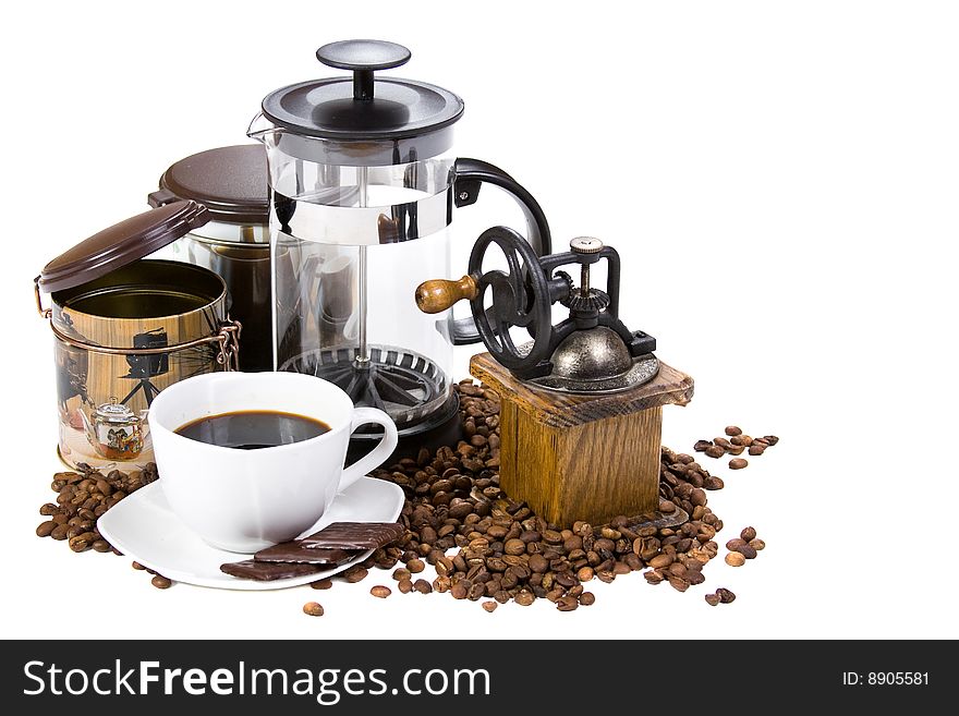 Aromatic sweet coffee in white background