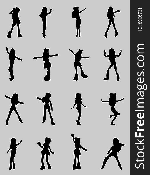 Sixteen silhouette of anima girls. Sixteen silhouette of anima girls