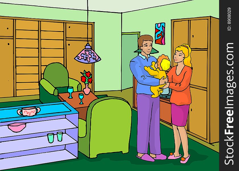 Illustration of  happy family on living room