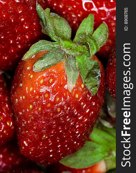 Macro image of a fresh strawberry with leaves. Macro image of a fresh strawberry with leaves.