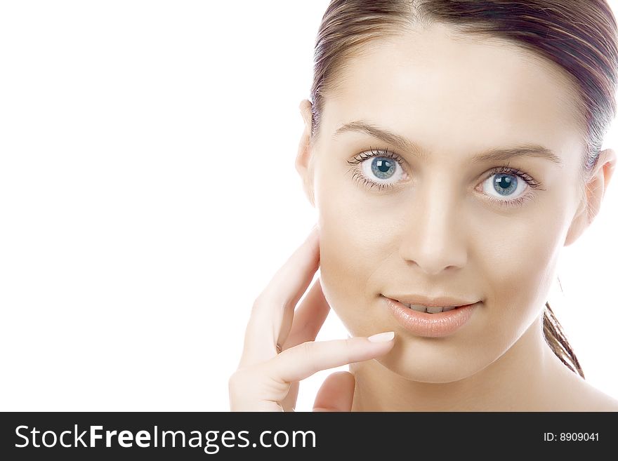 High key portrait of beautiful  young woman on white back. High key portrait of beautiful  young woman on white back