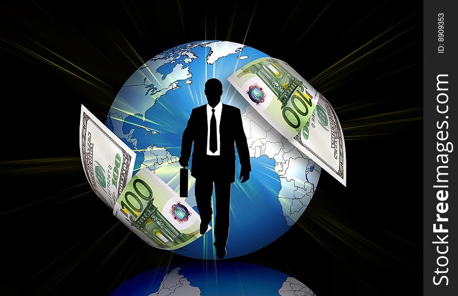 Businessman silhouette dollar & euro around a planet on black background. Businessman silhouette dollar & euro around a planet on black background