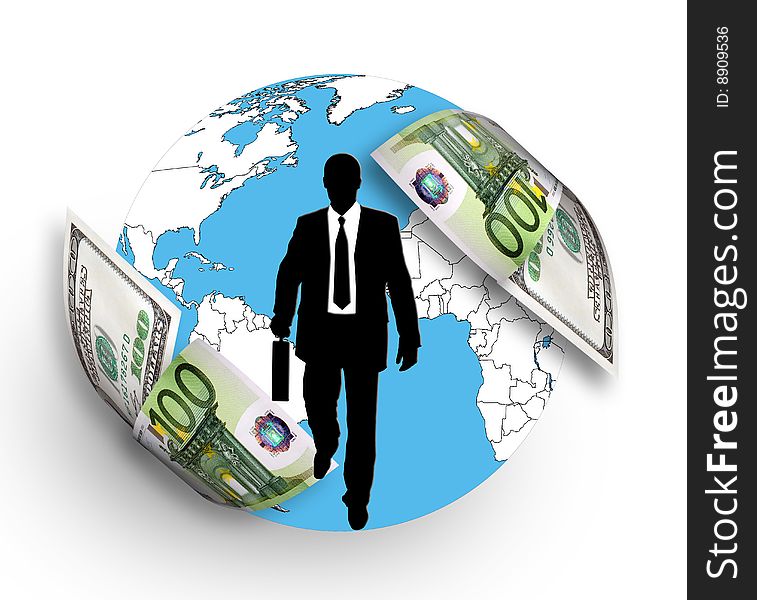 Businessman silhouette dollar & euro around a planet isolated on white. Businessman silhouette dollar & euro around a planet isolated on white