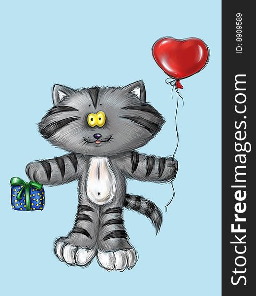 The lovely amusing greyish striped seal congratulates on a holiday. Expresses the love. Gives a red ball in the form of heart and a gift. The lovely amusing greyish striped seal congratulates on a holiday. Expresses the love. Gives a red ball in the form of heart and a gift.
