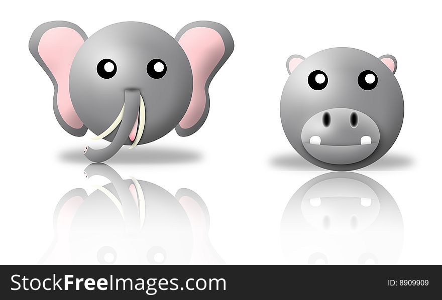 Animals icons - elephant and hippopotamus. white background and reflection. Animals icons - elephant and hippopotamus. white background and reflection