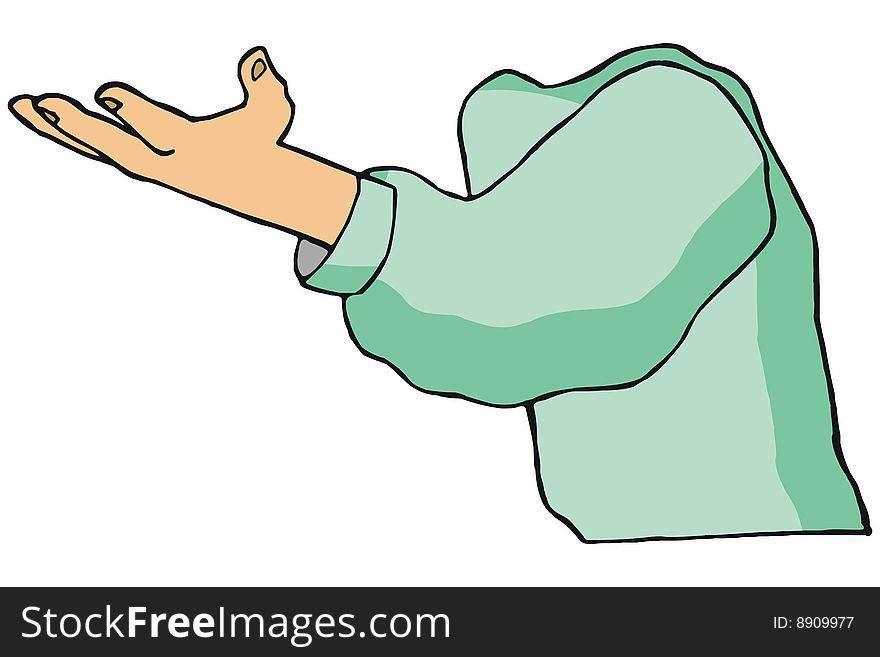Art illustration of a human trunk with spread out arm and open hand, without head