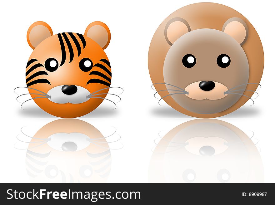 Animals icons - tiger and lion. white background and reflection. Animals icons - tiger and lion. white background and reflection
