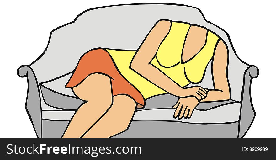 Cartoon art illustration of a woman bodywithout head, laid in a sofa. Cartoon art illustration of a woman bodywithout head, laid in a sofa