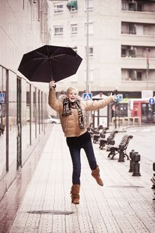 Happy Blonde Under Rain Stock Photo Happy Blonde Under Rain Stock Photo