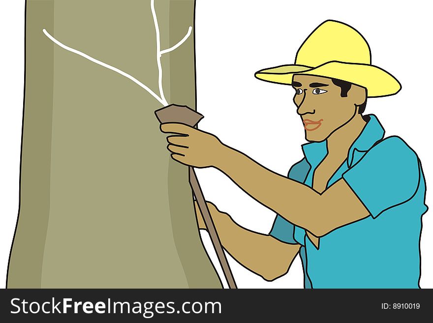 Art illustration of a rubber tapper in a forest