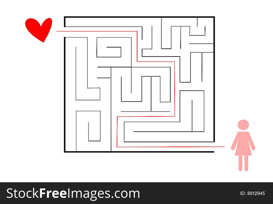 An illustration of a maze, a woman, an heart. An illustration of a maze, a woman, an heart