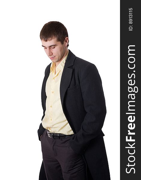 Young man in topcoat isolated over white