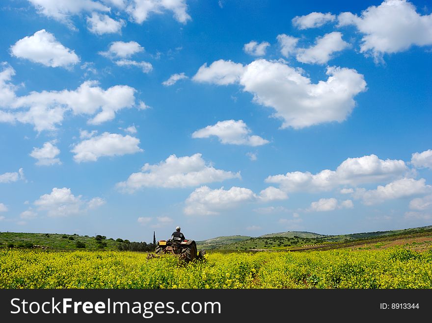 Tractor working at the  field under cloudy sky. Tractor working at the  field under cloudy sky