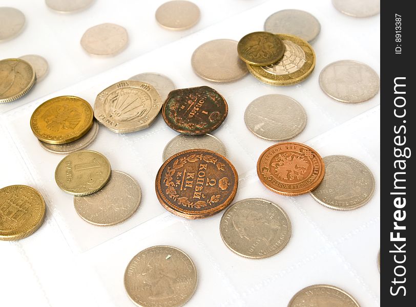 Old coins collection isolated on white background