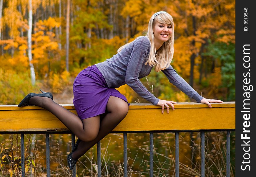 Pretty girl on wooden parapet in autumn park