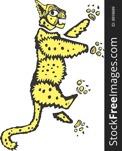 Rampant leopard done in woodcut style with yellow fur and black spots.