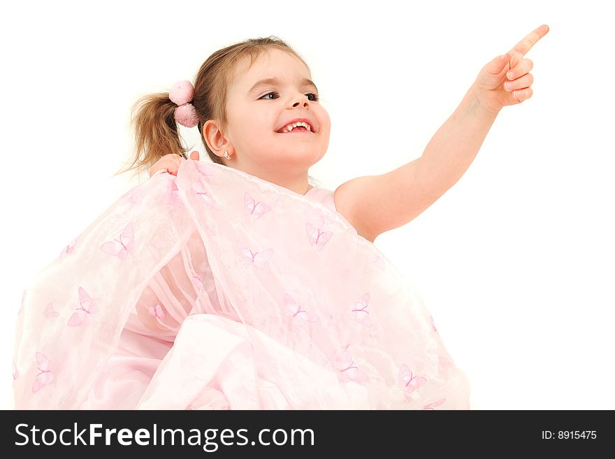 Portrait of young girl in pink princess dress pointing finger, s. Portrait of young girl in pink princess dress pointing finger, s