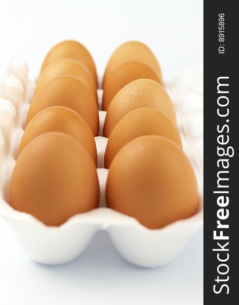 Ten brown eggs in white package. Ten brown eggs in white package