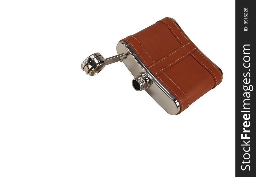 Metal and leather flask on white background.