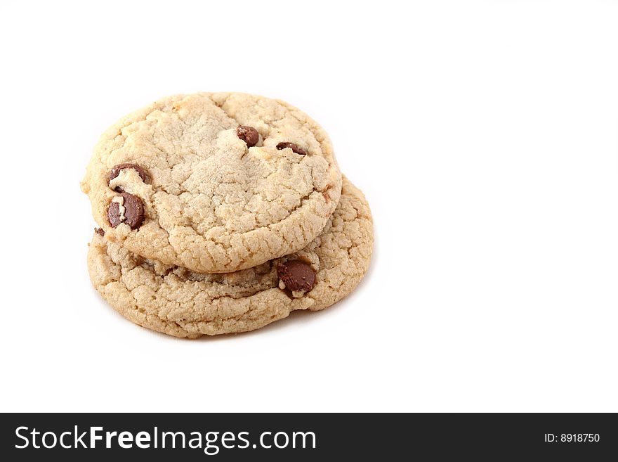 View of two chocolate chip cookies isolated on a white background. View of two chocolate chip cookies isolated on a white background