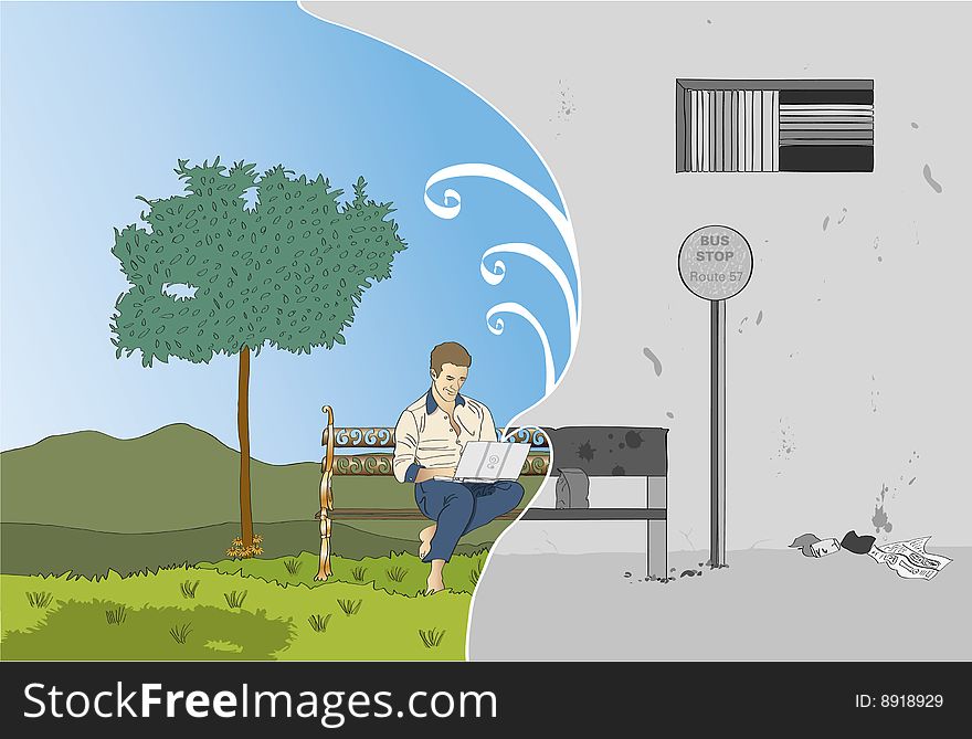 Vector art in Illustrator 8. Man waiting for the bus daydreams of being in the images he is looking at on his laptop. Vector art in Illustrator 8. Man waiting for the bus daydreams of being in the images he is looking at on his laptop.