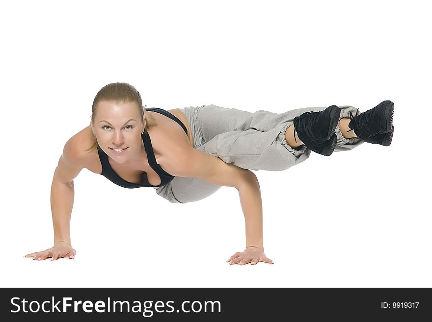 Girl is working out. Isolated on white