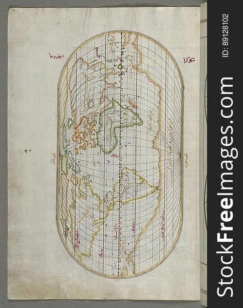 Originally composed in 932 AH / 1525 CE and dedicated to Sultan SÃ¼leyman I &#x28;&quot;The Magnificent&quot;&#x29;, this great work by Piri Reis &#x28;d. 962 AH / 1555 CE&#x29; on navigation was later revised and expanded. The present manuscript, made mostly in the late 11th AH / 17th CE century, is based on the later expanded version with some 240 exquisitely executed maps and portolan charts. They include this world map with the outline of the Americas, as well as coastlines &#x28;bays, capes, peninsulas&#x29;, islands, mountains and cities of the Mediterranean basin and the Black Sea. The work starts with the description of the coastline of Anatolia and the islands of the Aegean Sea, the Peloponnese peninsula and eastern and western coasts of the Adriatic Sea. It then proceeds to describe the western shores of Italy, southern France, Spain, North Africa, Palestine, Israel, Lebanon, Syria, western Anatolia, various islands north of Crete, Sea of Marmara, Bosporus and the Black Sea. It ends with a map of the shores of the the Caspian Sea &#x28;fol.374a&#x29;. See this manuscript page by page at the Walters Art Museum website: art.thewalters.org/viewwoa.aspx?id=19195. Originally composed in 932 AH / 1525 CE and dedicated to Sultan SÃ¼leyman I &#x28;&quot;The Magnificent&quot;&#x29;, this great work by Piri Reis &#x28;d. 962 AH / 1555 CE&#x29; on navigation was later revised and expanded. The present manuscript, made mostly in the late 11th AH / 17th CE century, is based on the later expanded version with some 240 exquisitely executed maps and portolan charts. They include this world map with the outline of the Americas, as well as coastlines &#x28;bays, capes, peninsulas&#x29;, islands, mountains and cities of the Mediterranean basin and the Black Sea. The work starts with the description of the coastline of Anatolia and the islands of the Aegean Sea, the Peloponnese peninsula and eastern and western coasts of the Adriatic Sea. It then proceeds to describe the western shores of Italy, southern France, Spain, North Africa, Palestine, Israel, Lebanon, Syria, western Anatolia, various islands north of Crete, Sea of Marmara, Bosporus and the Black Sea. It ends with a map of the shores of the the Caspian Sea &#x28;fol.374a&#x29;. See this manuscript page by page at the Walters Art Museum website: art.thewalters.org/viewwoa.aspx?id=19195