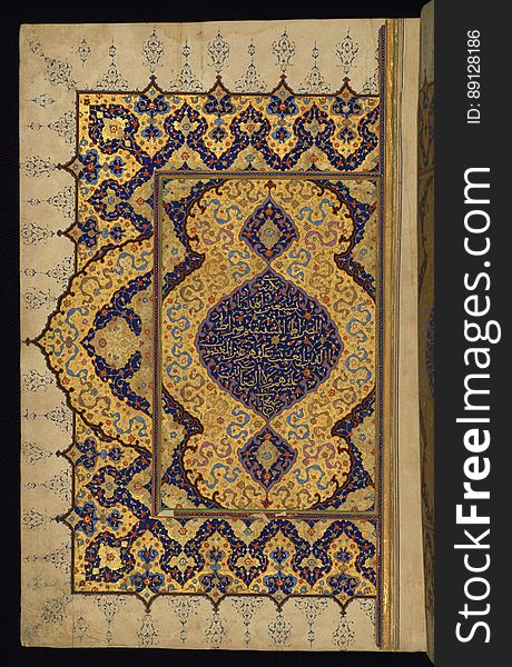 An illuminated large size copy of the Koran &#x28;Qur&#x27;an&#x29; produced in the 11th century AH / 17th CE in Iran. Apart from using a number of scripts, such as naskh, muḥaqqaq and tawqīʿ, this codex features six pairs of decorated pages, two illuminated headpieces, as well as illuminated chapter headings, cloud-bands, and marginal decoration. The black morocco binding has a central piece in the form of a diamond with pendants on four sides. The inner covers, having a traditional dentelle decoration, features text from the &#x22;the verse of the throne&#x22; &#x28;āyat al-kursī&#x29;, which is inscribed in the outer frame. The left side of a double-page opening decoration containing the text of the first chapter &#x28;Sūrat al-fātiḥah&#x29; inscribed in the center medallion in gold muḥaqqaq script on a blue background. An illuminated large size copy of the Koran &#x28;Qur&#x27;an&#x29; produced in the 11th century AH / 17th CE in Iran. Apart from using a number of scripts, such as naskh, muḥaqqaq and tawqīʿ, this codex features six pairs of decorated pages, two illuminated headpieces, as well as illuminated chapter headings, cloud-bands, and marginal decoration. The black morocco binding has a central piece in the form of a diamond with pendants on four sides. The inner covers, having a traditional dentelle decoration, features text from the &#x22;the verse of the throne&#x22; &#x28;āyat al-kursī&#x29;, which is inscribed in the outer frame. The left side of a double-page opening decoration containing the text of the first chapter &#x28;Sūrat al-fātiḥah&#x29; inscribed in the center medallion in gold muḥaqqaq script on a blue background.