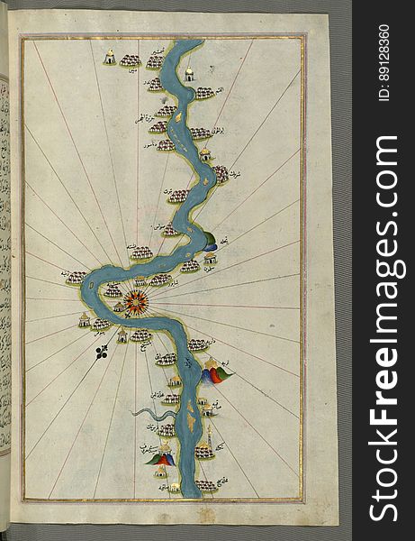Illuminated Manuscript, Map Of The Nile River With Various Oases On Each As Far As SÄ«dÄ« MaÊ¿rÅ«f From Book On Navigation, Walte