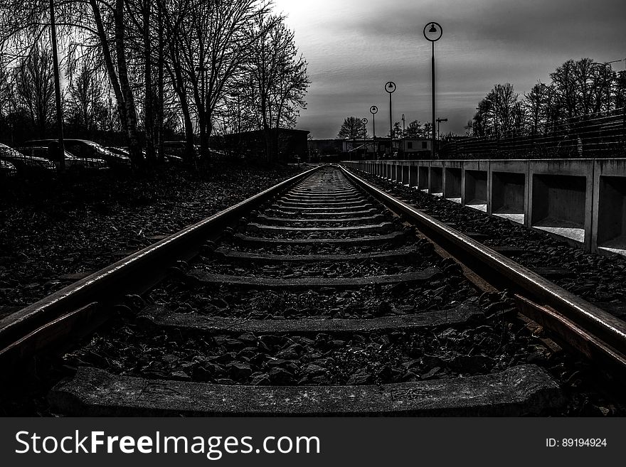 Railroad tracks with guard railing along tree line in black and white. Railroad tracks with guard railing along tree line in black and white.