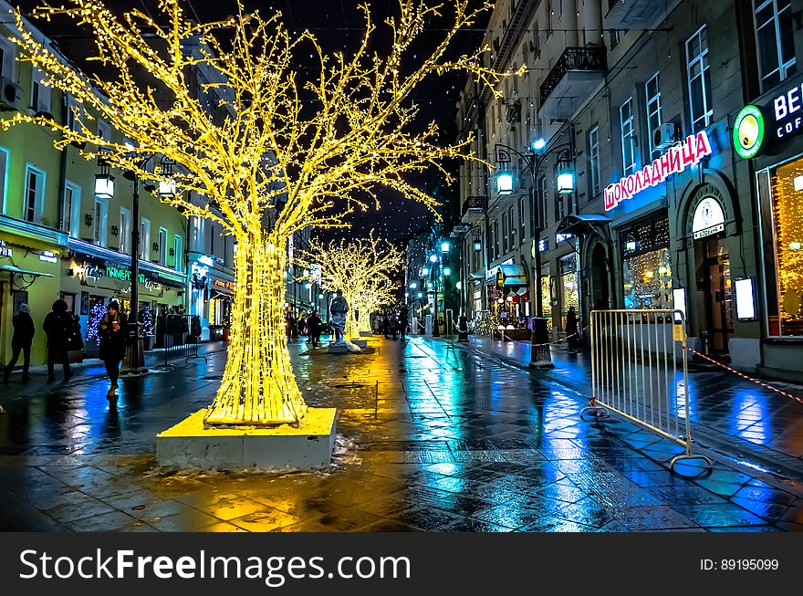 Pedestrians on streets of city illuminated at night with trees decorated in white lights. Pedestrians on streets of city illuminated at night with trees decorated in white lights.