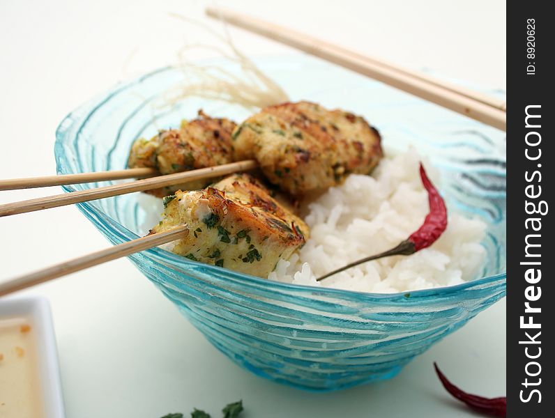 Fresh asian sate meat with coriander and lemon grass. Fresh asian sate meat with coriander and lemon grass