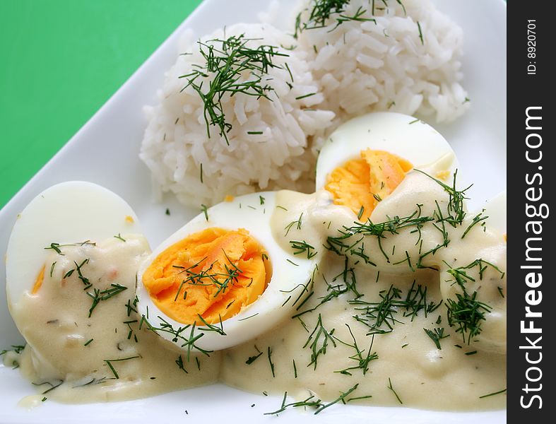 A fresh meal of eggs with rice