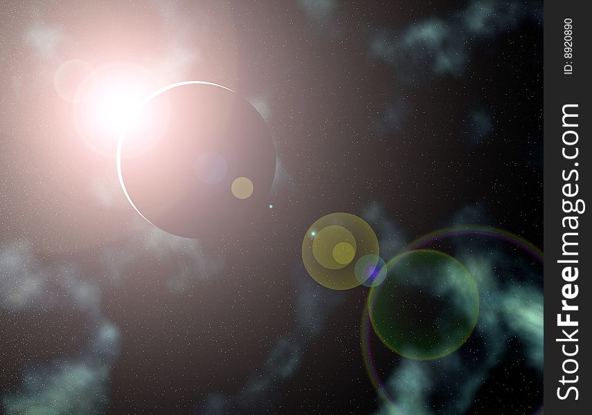 Simulated sun rising over planet in space. Simulated sun rising over planet in space