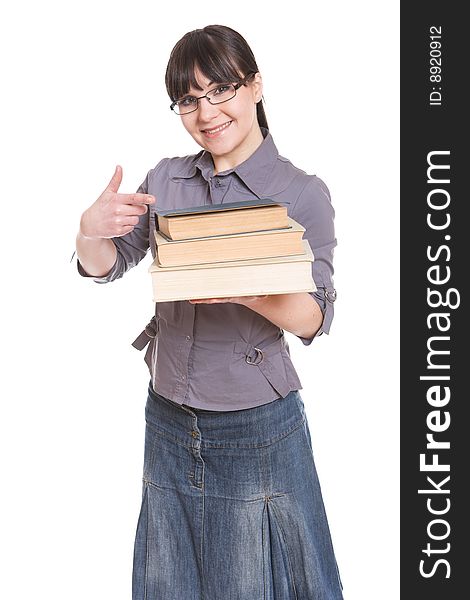 Happy brunette woman with books. over white background. Happy brunette woman with books. over white background