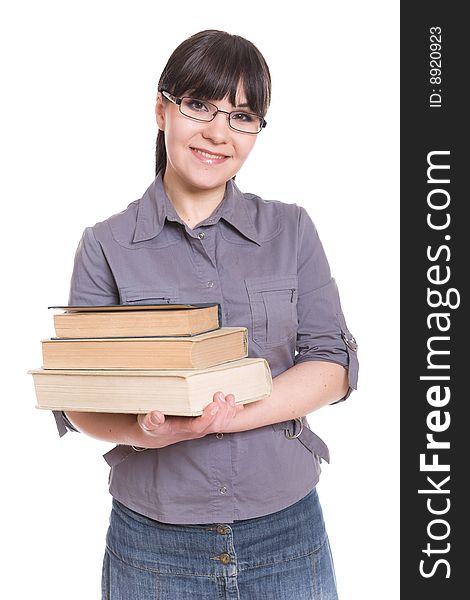 Happy brunette woman with books. over white background. Happy brunette woman with books. over white background