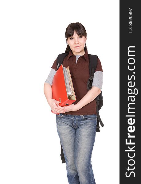 Happy brunette student woman. over white background