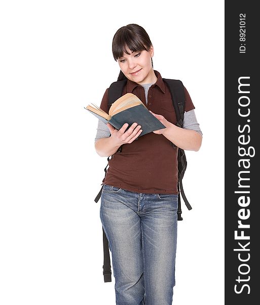 Happy brunette student woman. over white background