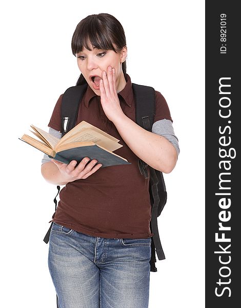 Happy brunette student woman. over white background