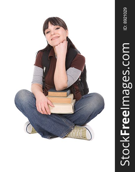 Happy brunette student woman. over white background