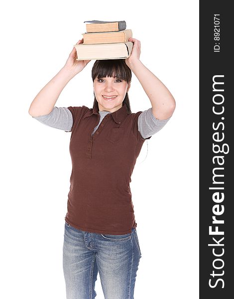 Happy brunette woman with books. over white background. Happy brunette woman with books. over white background