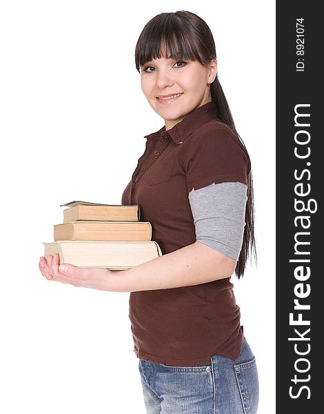 Happy brunette woman with books. over white background. Happy brunette woman with books. over white background