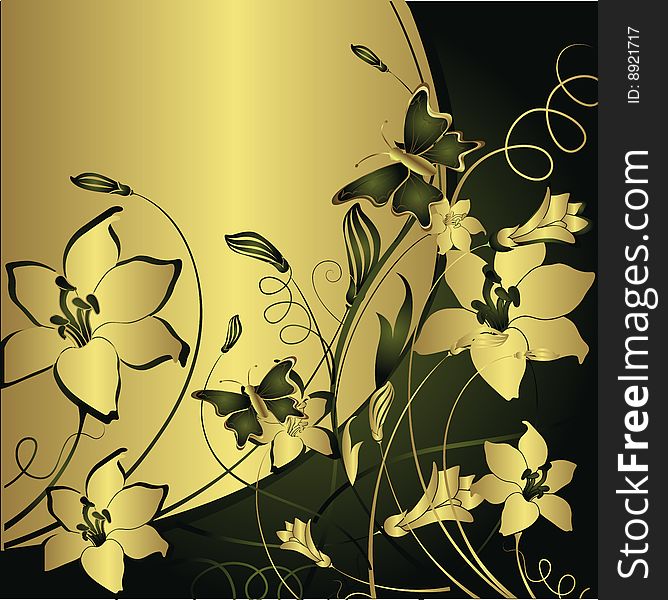 The stylised flowers and leaves with flying butterflies on a gold and green background. The stylised flowers and leaves with flying butterflies on a gold and green background