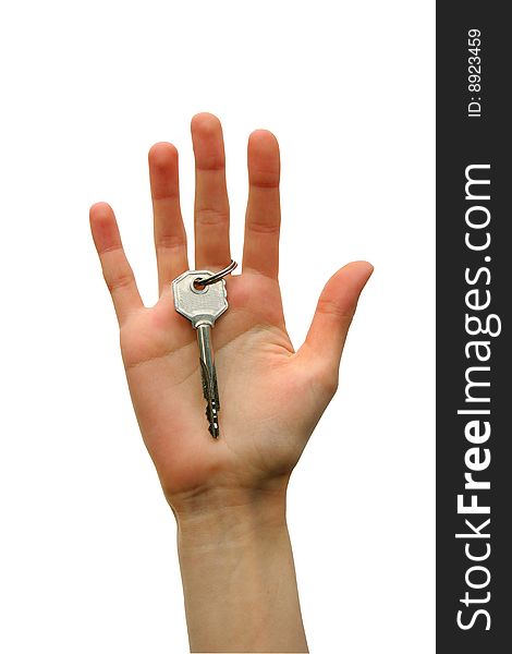 Key in a palm over white background