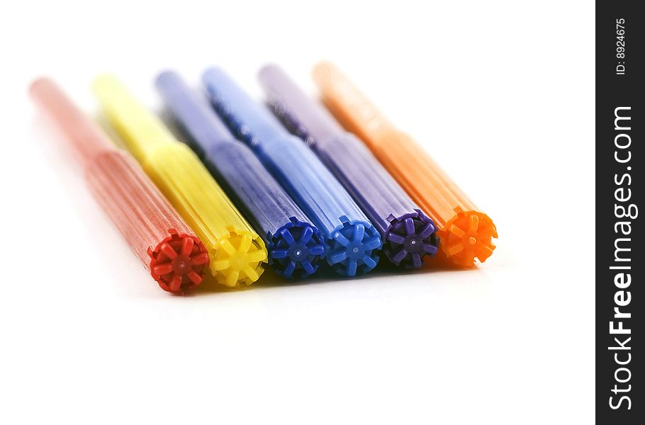 A group of felt markers - red, yellow, blue. A group of felt markers - red, yellow, blue