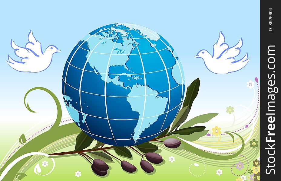 Peace to the World - white doves and our home planet Earth sitting on a branch of olives tree. Raster illustration, vector file EPS AI8 also available. Peace to the World - white doves and our home planet Earth sitting on a branch of olives tree. Raster illustration, vector file EPS AI8 also available.