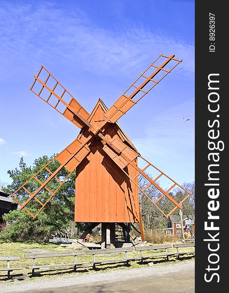 A photo of olddays windmill in skansen