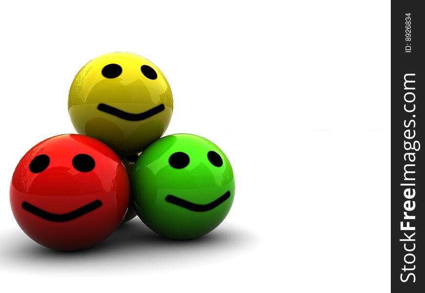 Abstract 3d illustration of three colorful smileys over white background. Abstract 3d illustration of three colorful smileys over white background