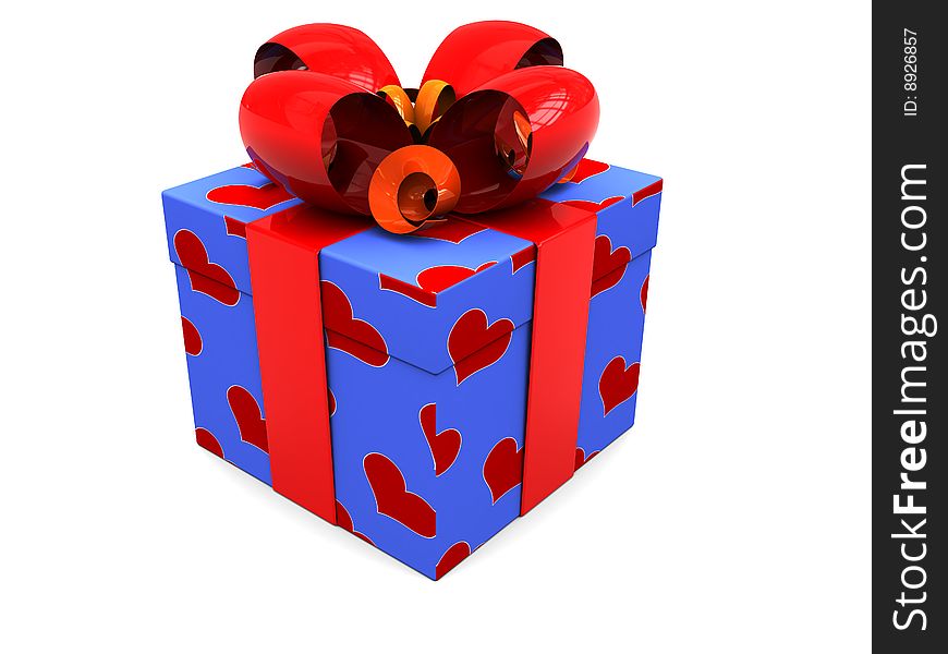 3d illustration of blue present box with red ribbons