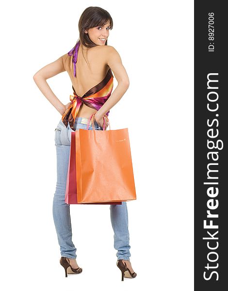 Smiling woman with shopping bags